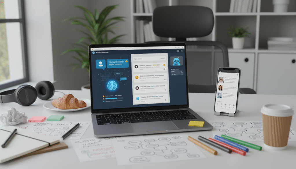 Freelancer using AI-powered content creation software on laptop with sketches and notes around workspace