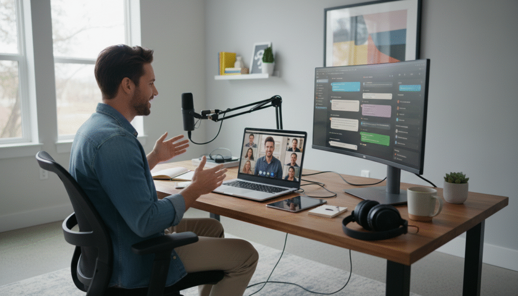 Freelancer on a Zoom video call with Slack chat windows open on a dual-monitor setup, headphones and microphone nearby