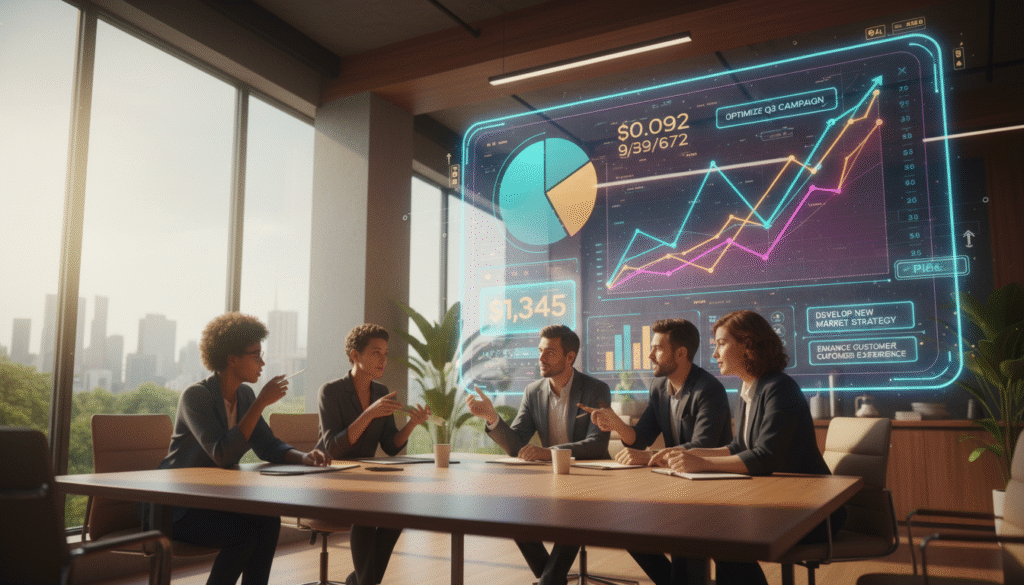 Small business team collaborating around a digital dashboard with KPIs and data storytelling visuals for decision making