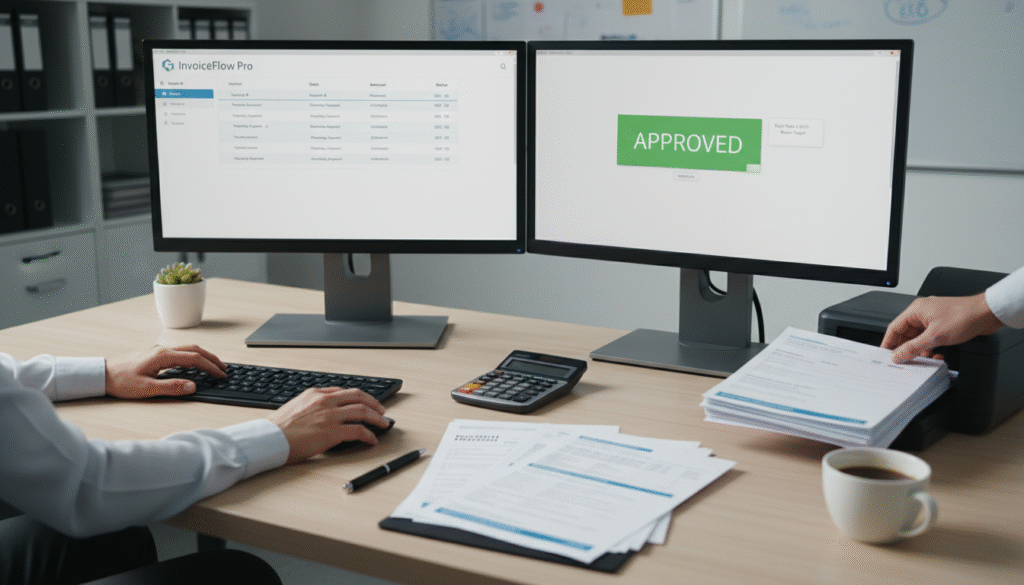 Hands processing invoices with financial documents, calculator, and monitors displaying invoice automation software in professional workspace.