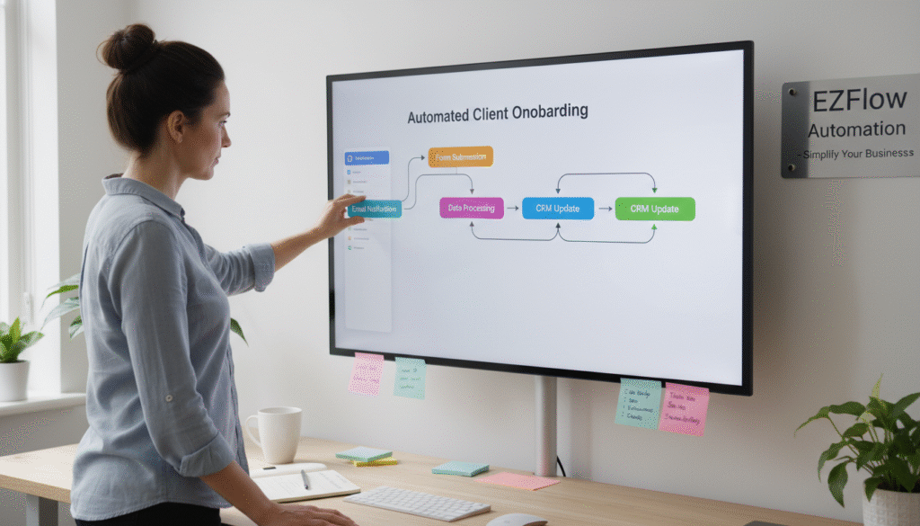 Entrepreneur designing automation workflow with drag-and-drop interface on touchscreen monitor in minimalist office