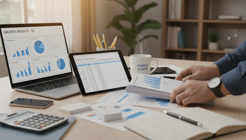 Hands arranging spreadsheets and BI dashboards on a desk supplemented by common data analysis tools used by small businesses