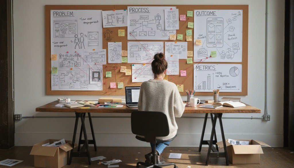 Creative professional reviewing case study sketches outlining process and outcomes for portfolio projects