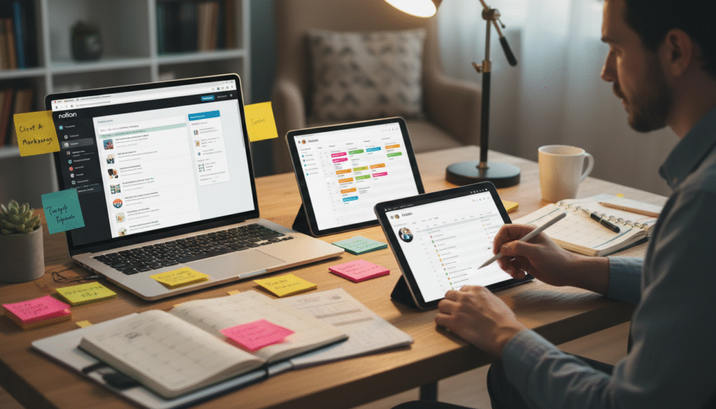 Freelancer using laptop and tablet with project management apps Notion, Trello, and Asana open, surrounded by planners and sticky notes