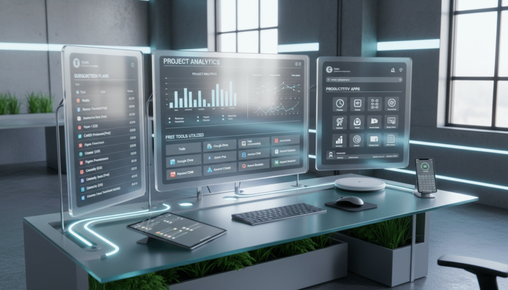 Multiple screens showing freelance software dashboards and subscription plans representing a scalable tech stack