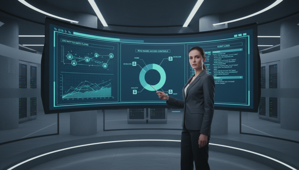 Entrepreneur monitoring security dashboard with encrypted data flows and access controls in a modern office.
