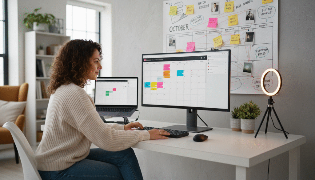Content creator workspace with social media scheduling tool on computer screen and content calendar on wall