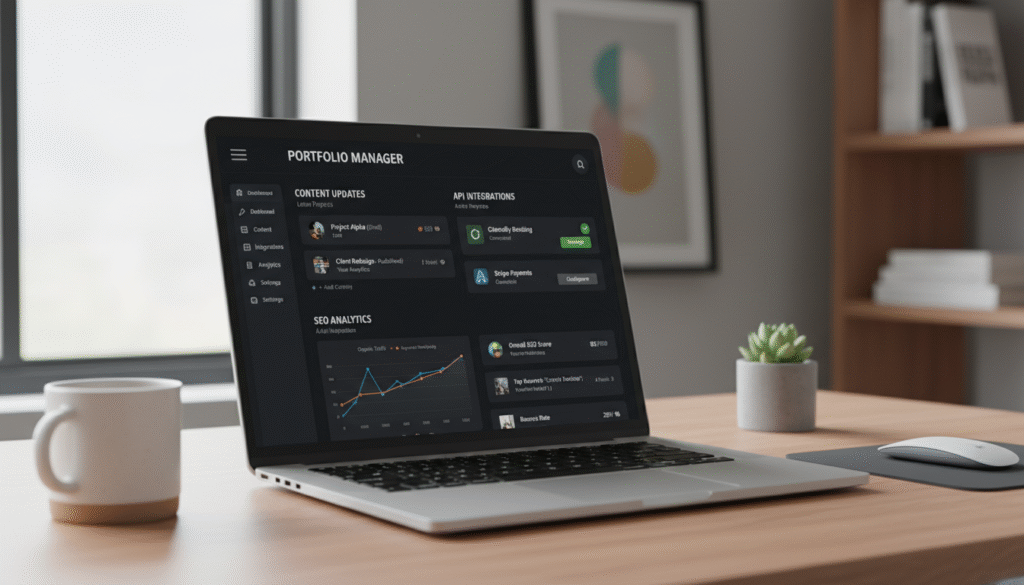 Portfolio website backend dashboard showing content management, API integrations, and SEO analytics