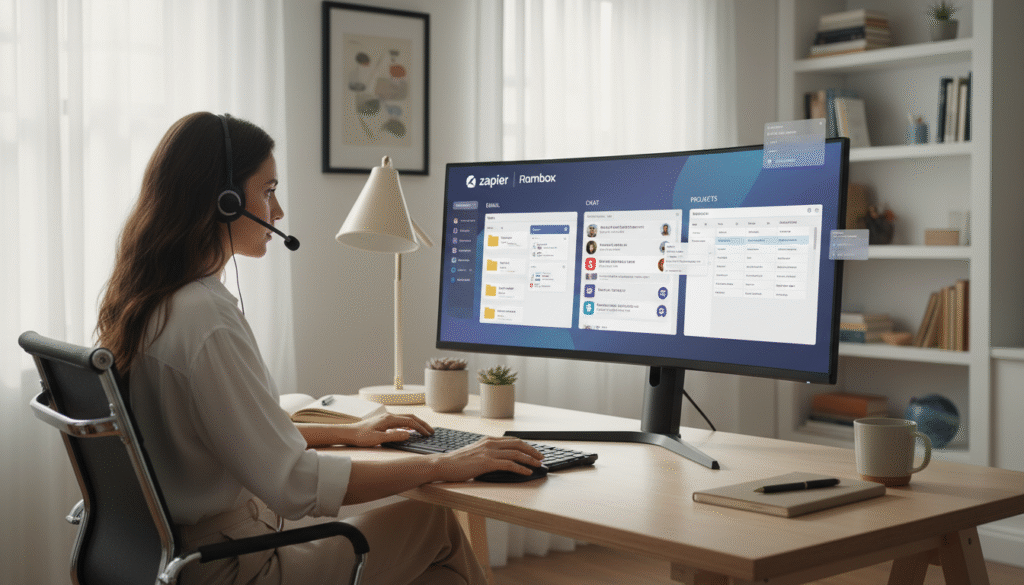 Large computer monitor displaying multiple app integrations including email, chat, and project management tools