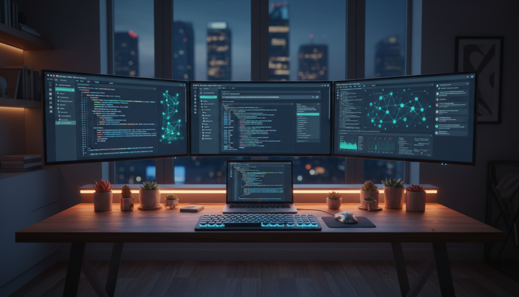Modern web developer workspace with AI-powered code generation tools on multiple screens