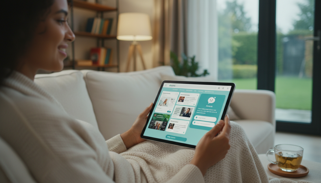 User engaging with an AI-adaptive web interface and chatbot on a tablet