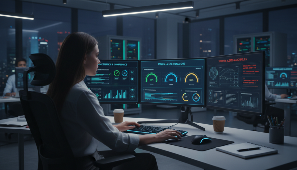 Cybersecurity expert overseeing AI governance dashboards with privacy and compliance data