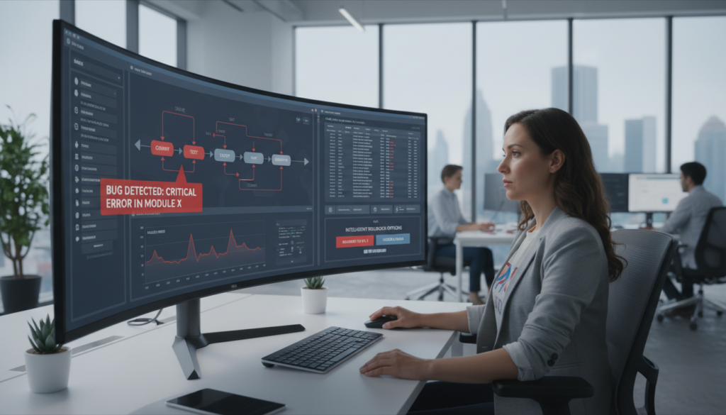 Software engineer analyzing AI automated testing dashboards in continuous integration environment