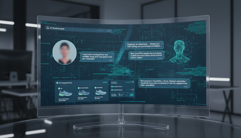 Close-up of computer screen showing AI virtual assistant chat with personalized product recommendations and contextual replies