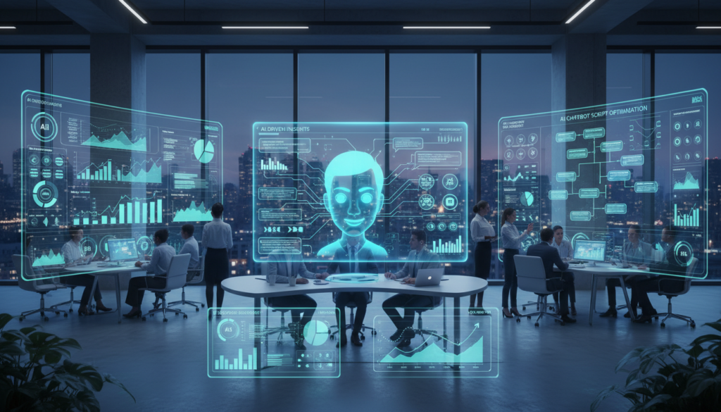 Business professionals interacting with AI virtual assistant interfaces on multiple screens displaying dynamic conversations and analytics