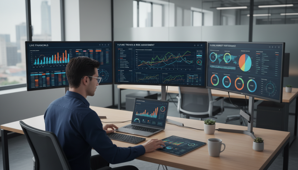 Business intelligence analyst working with real-time and predictive analytics dashboards on multiple screens in an office