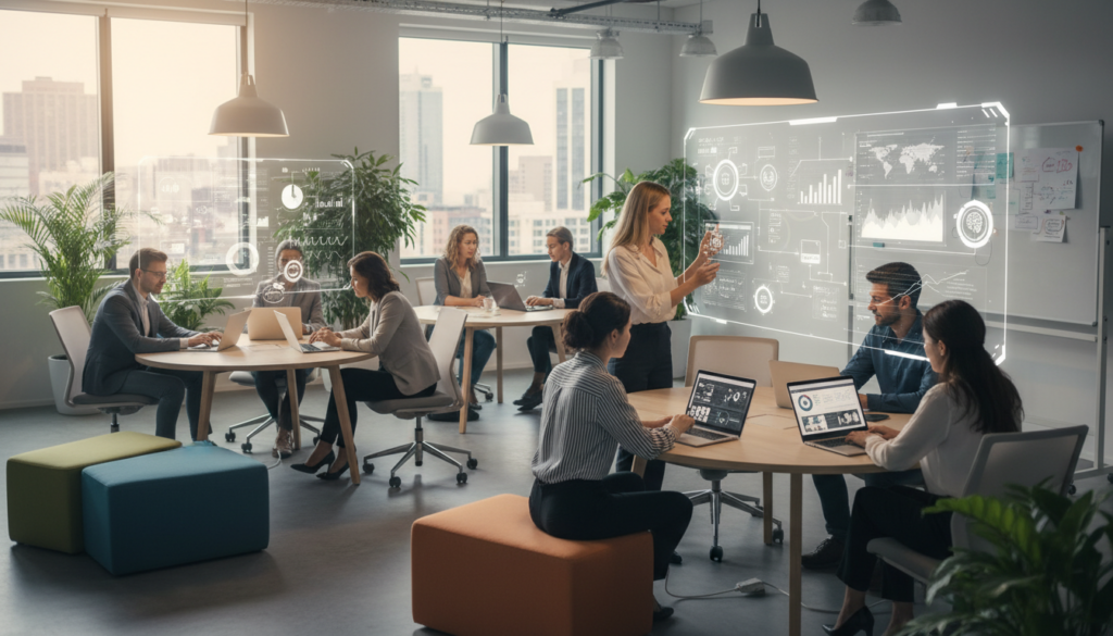 Team members using self-service BI tools and embedded AI analytics in a collaborative office