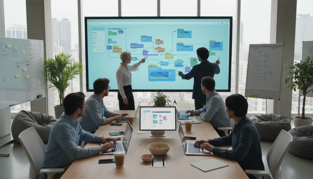Team collaborating on low-code and AI-powered web development platforms in modern office