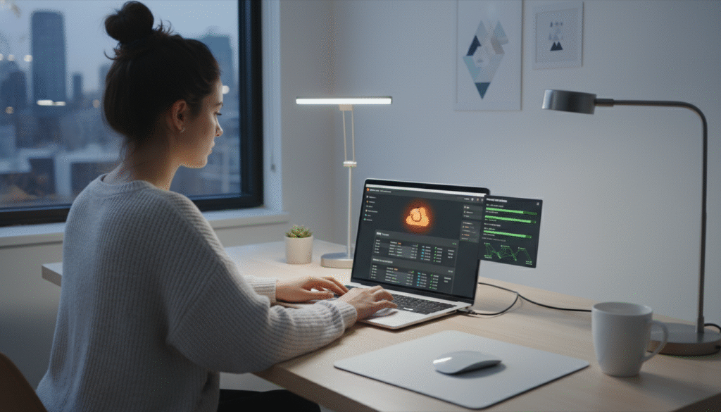 Freelancer setting up Cloudflare CDN and hosting DNS settings on laptop in neat workspace