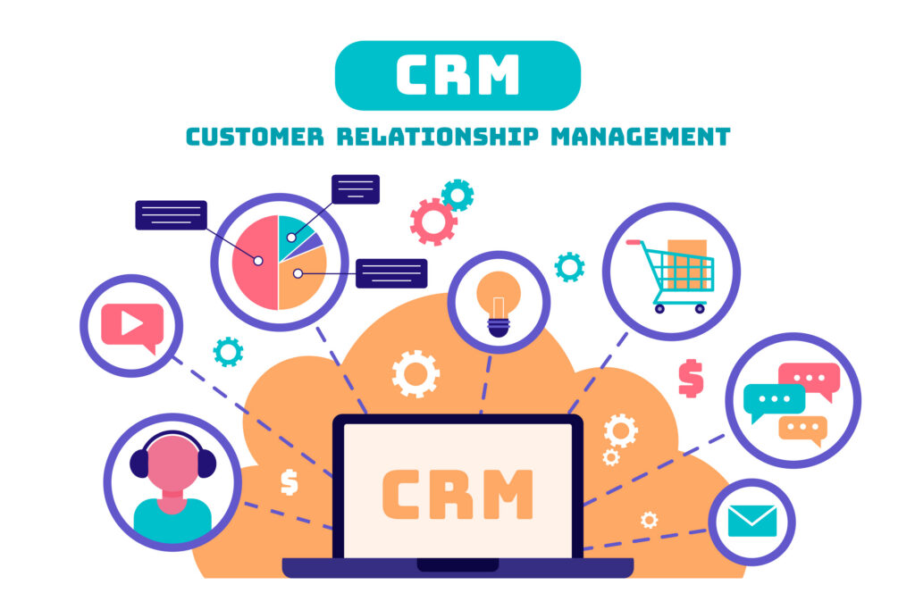 Illustration of CRM software with icons showing customer support, analytics, shopping cart, messaging, email, and idea generation connected to a laptop.