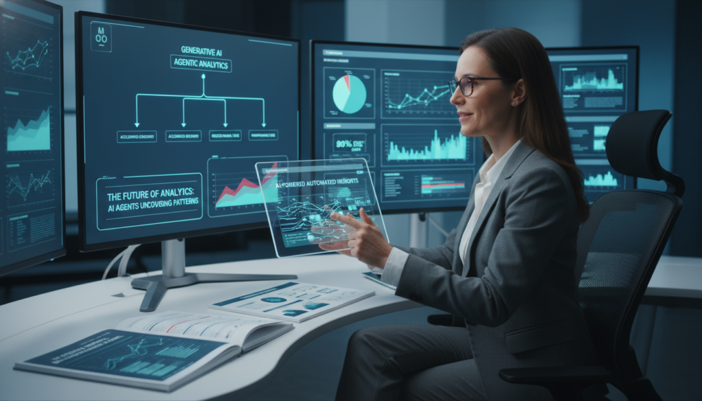Data analyst interacting with tablet showing AI-generated narrative reports and charts for automated insights