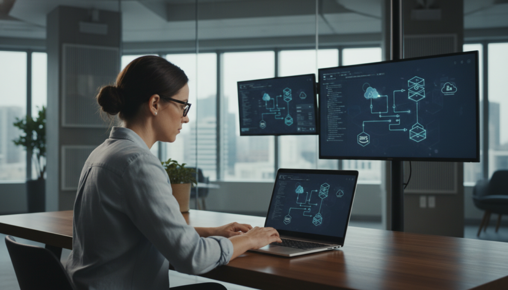 Data engineer working on laptop with cloud service logos in background representing multi-cloud analytics architecture