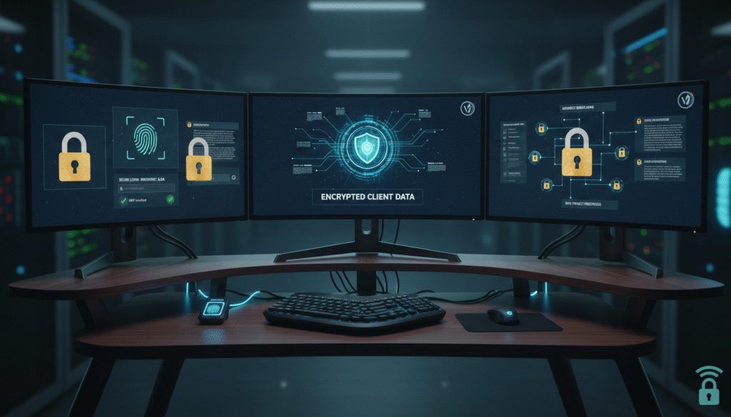 Virtual assistant workspace with encrypted client data and cybersecurity measures on multiple screens