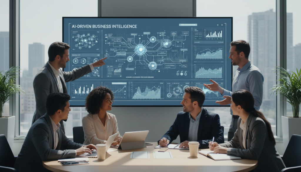 Data scientists collaborating around a large screen showing AI analytics visualizations in a modern office