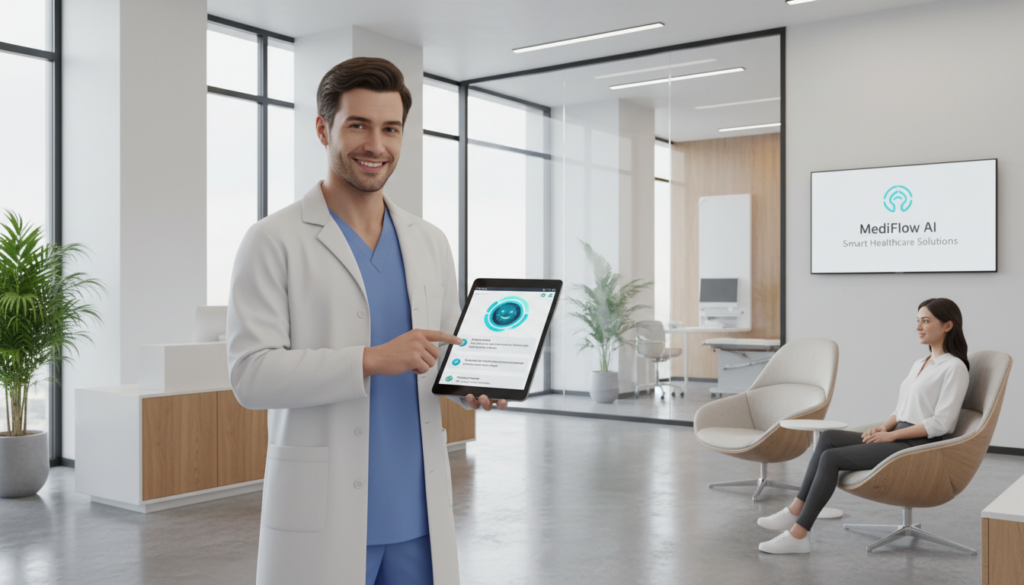 Healthcare professional using tablet with AI virtual assistant scheduling appointments in a clinic reception
