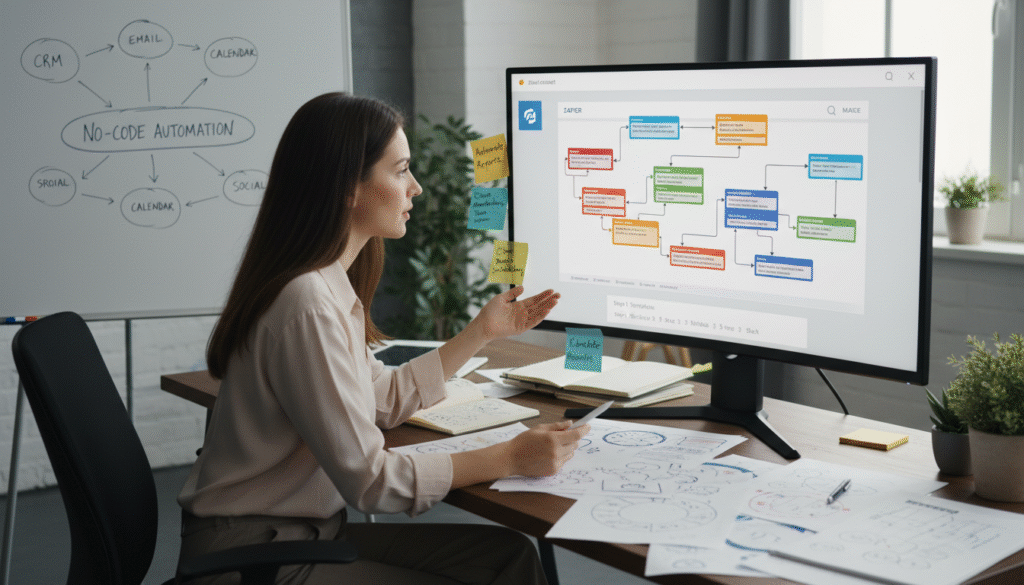 Virtual assistant working with Zapier or Make integration platform flowchart and automation templates on computer
