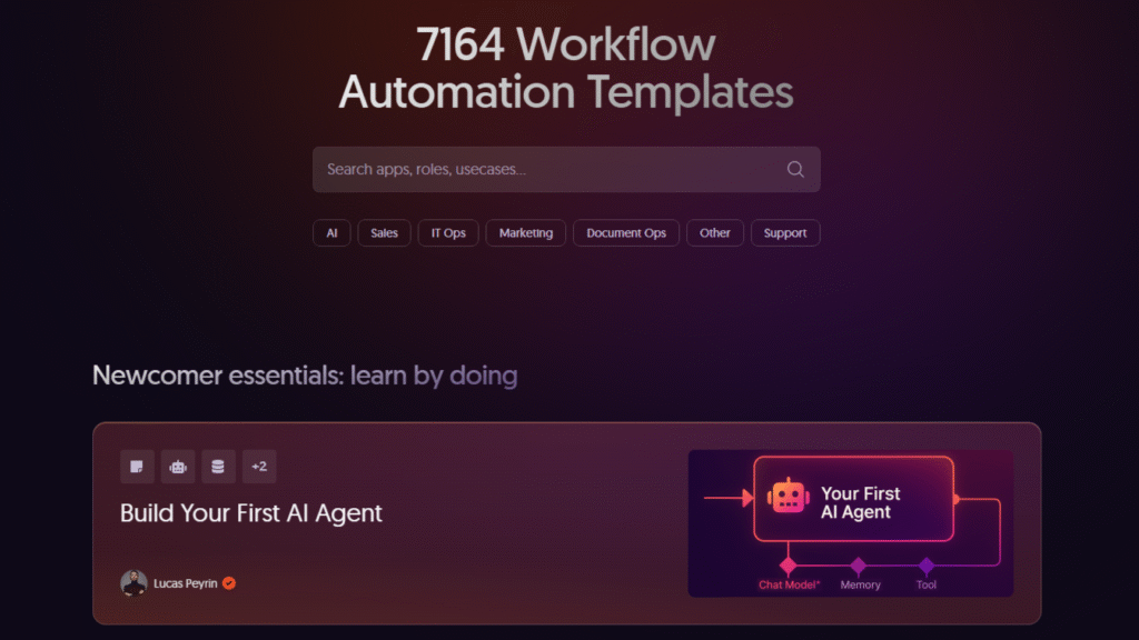 A webpage showing 7164 workflow automation templates with a search bar and category filters. A highlighted section titled "Newcomer essentials: learn by doing" features a template called "Build Your First AI Agent" by Lucas Peyrin, along with a simplified flow diagram labeled "Your First AI Agent."