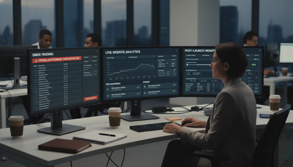Data analyst viewing real-time website SEO and performance dashboards for post-launch monitoring