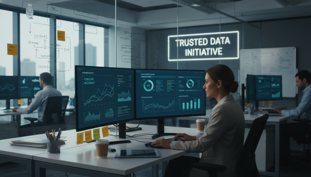 Financial analyst working with predictive models and data governance charts in corporate environment