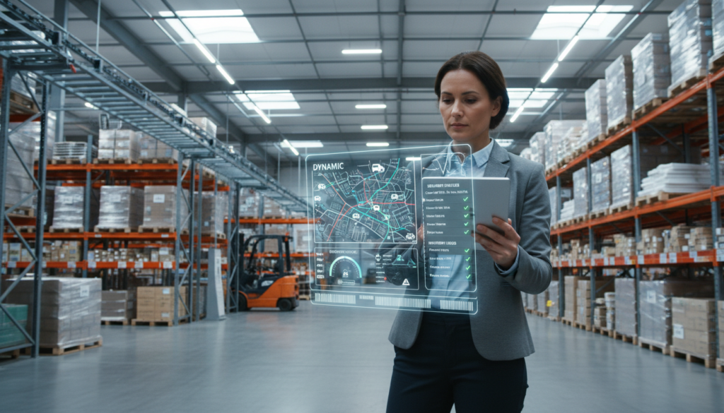 Supply chain manager monitoring real-time logistics and inventory on tablet in warehouse