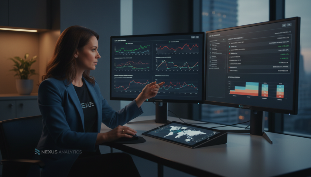 Professional at desk monitoring real-time streaming analytics on dual computer monitors with graphs and alerts