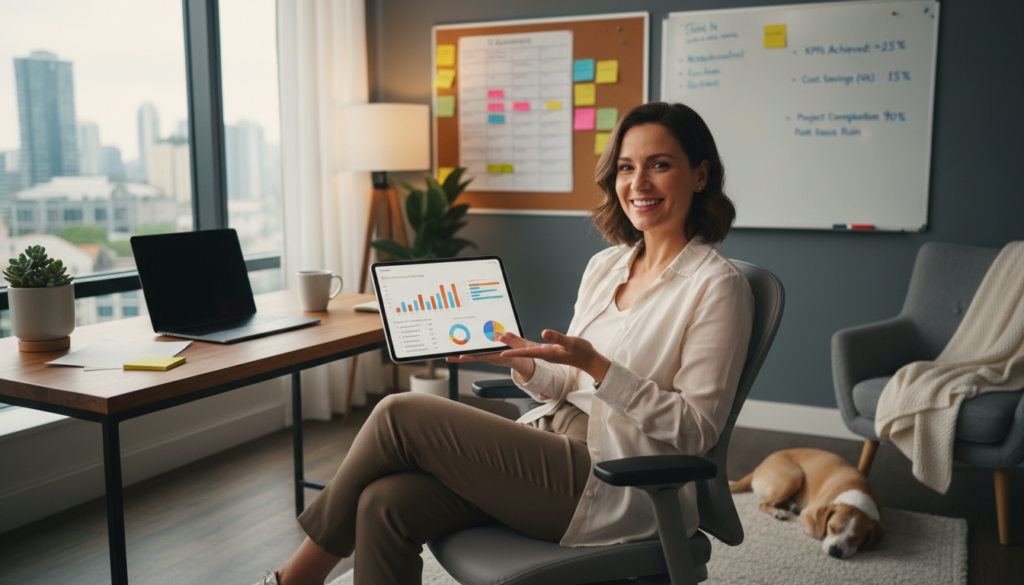 Small business owner analyzing virtual assistant performance charts on a tablet