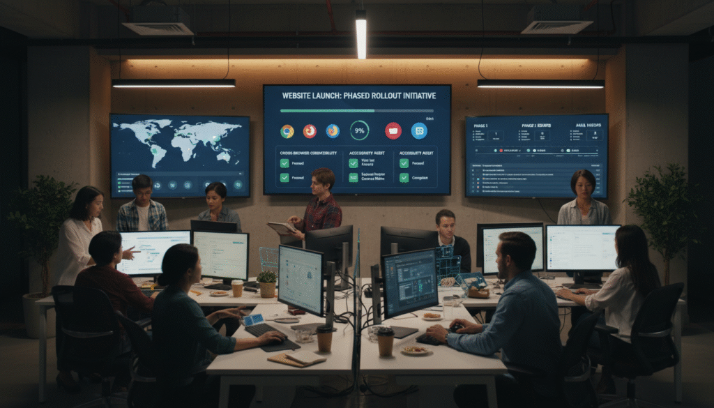 Team conducting quality assurance and accessibility testing for website launch in staged environment