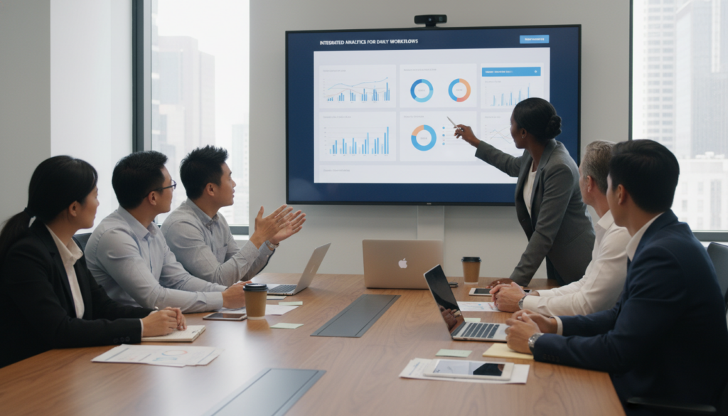 Corporate team collaborating using AI-powered embedded analytics on a large screen in a meeting room