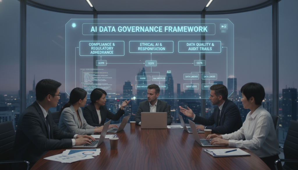 Diverse professionals discussing data governance and compliance displayed on a digital screen in a conference room