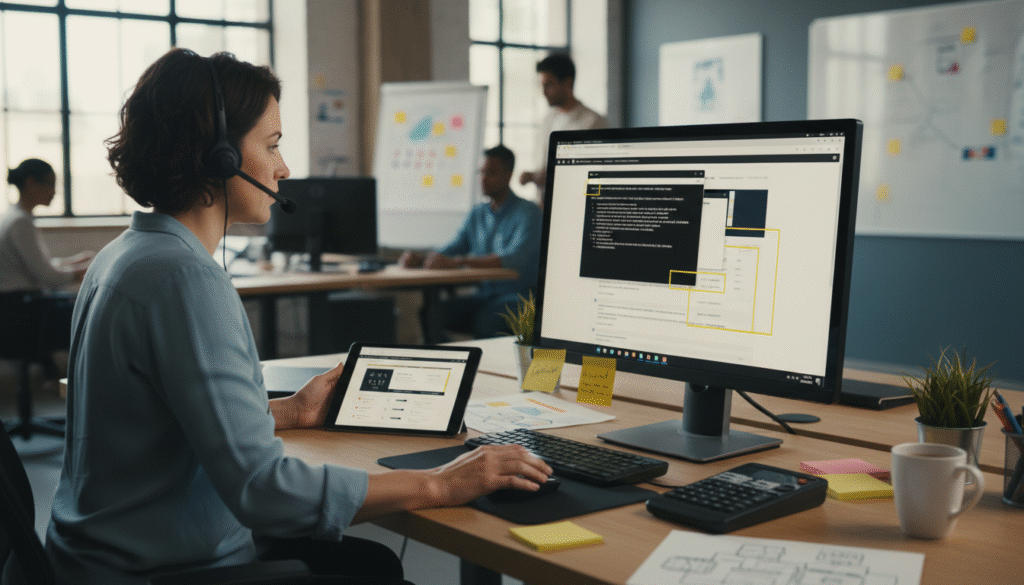 UX designer testing website accessibility and navigation features on tablet and computer in office
