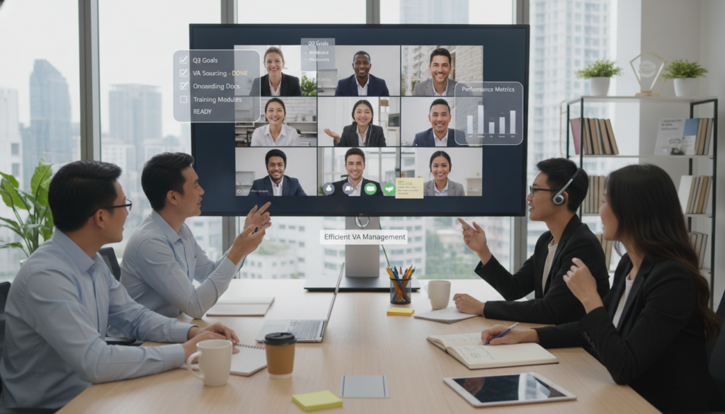 Video call meeting for virtual assistant hiring and onboarding with small business team