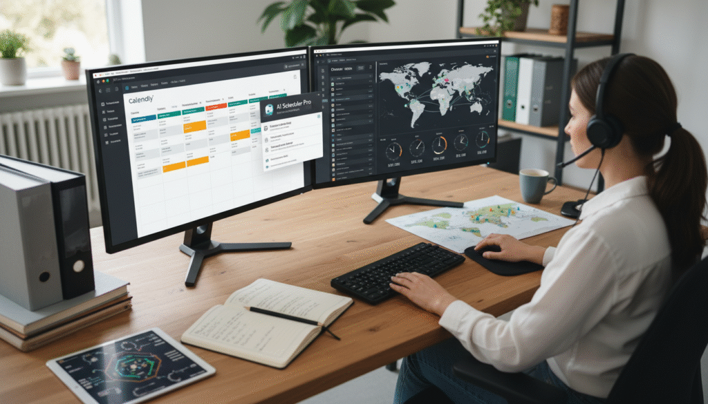 Virtual assistant managing client calendars with scheduling software and automation tools on dual monitors