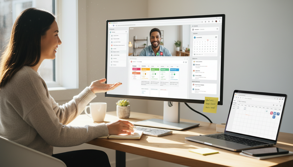 Small business owner working in a bright home office with virtual assistant on screens, showcasing task management and communication tools