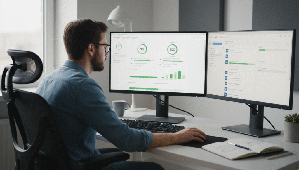 Developer monitoring Core Web Vitals metrics and using image optimization tools on a dual-monitor workstation