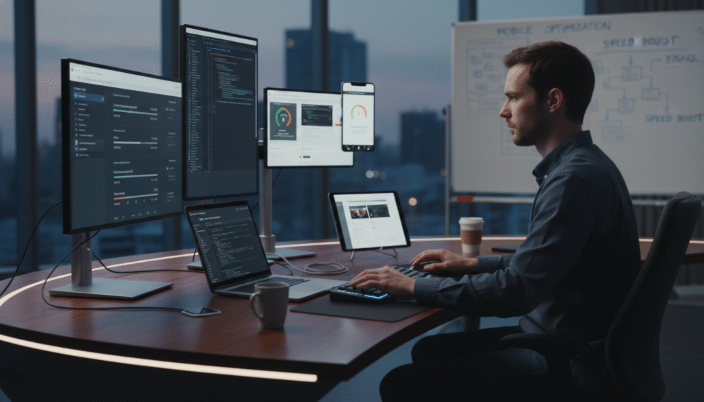 Developer analyzing website performance metrics including Core Web Vitals on multiple devices